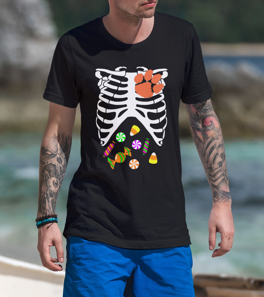 Clemson Tigers Halloween Candy Skeleton Paw Print T-Shirt