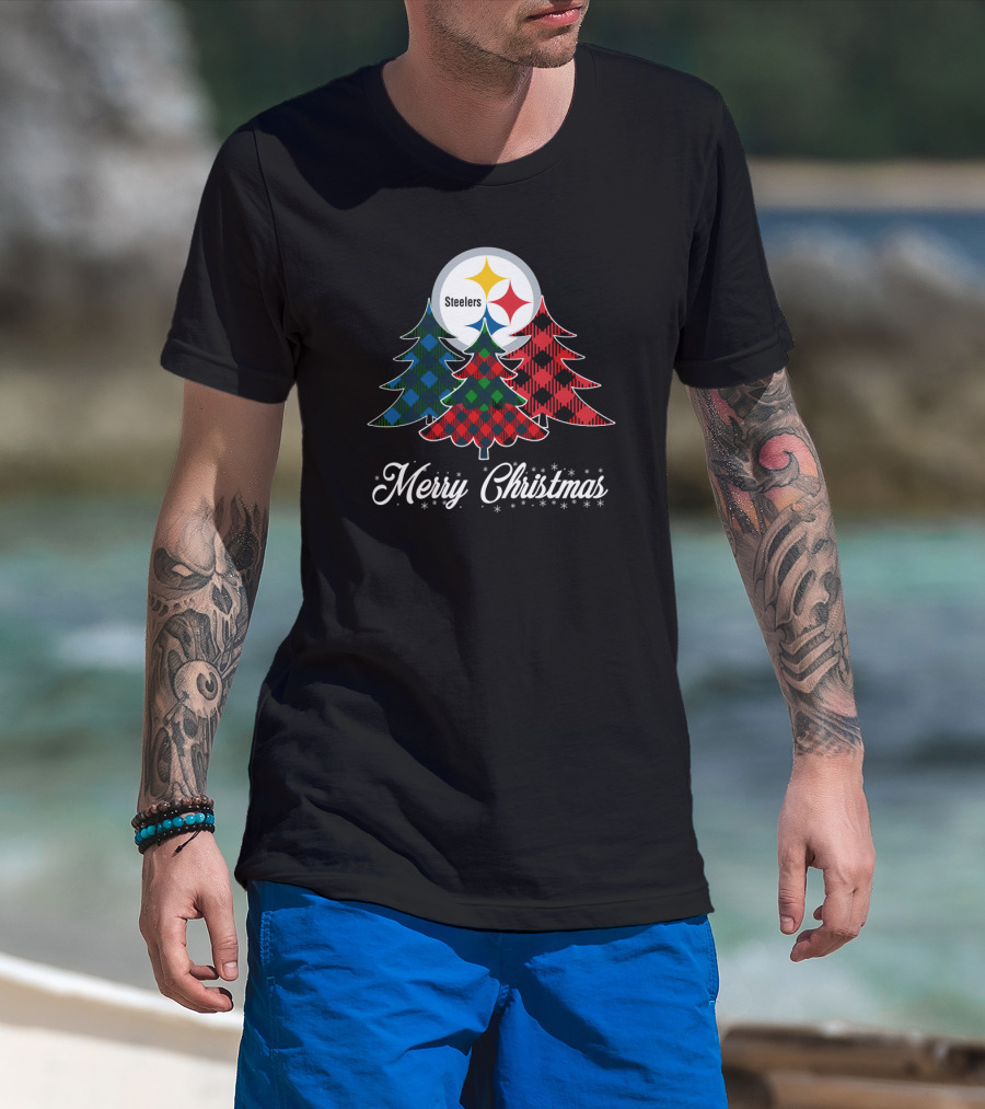 Steelers Merry Christmas Plaid Trees T-Shirt