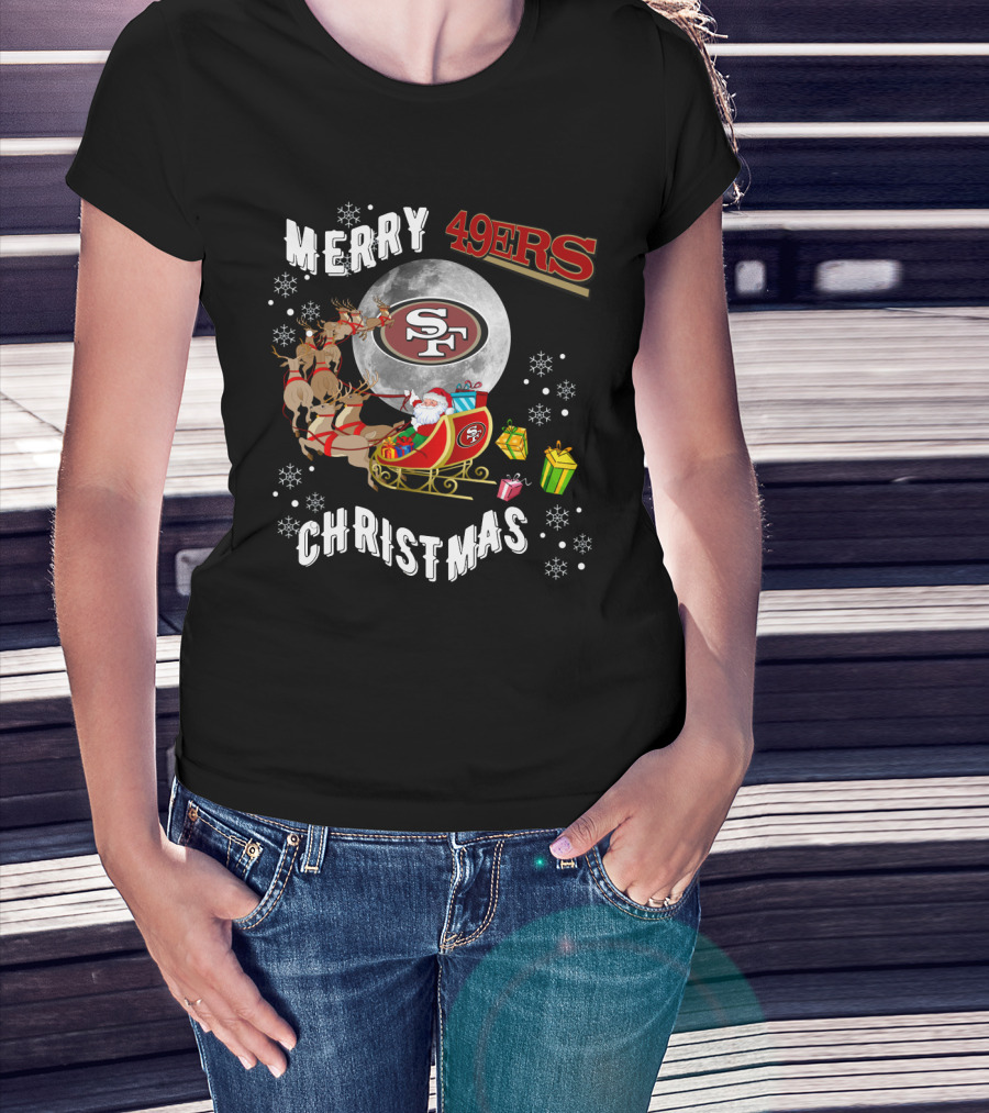 Merry Christmas 49ers Santa Sleigh Snowflakes T-Shirt