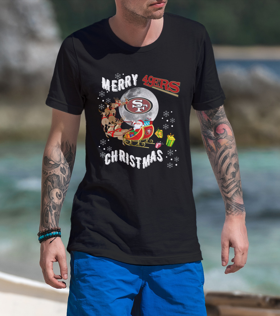 Merry Christmas 49ers Santa Sleigh Snowflakes T-Shirt