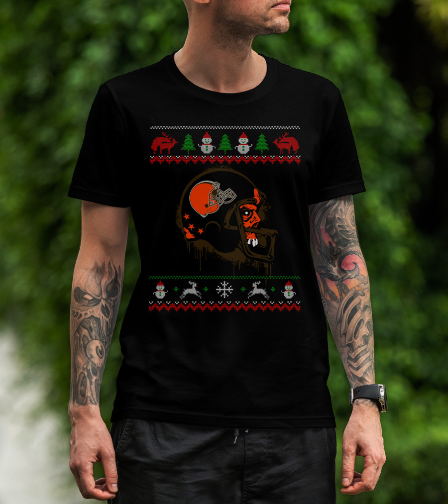 Cleveland Browns Holiday Sweater Design With Helmet And Festive Elements T-Shirt