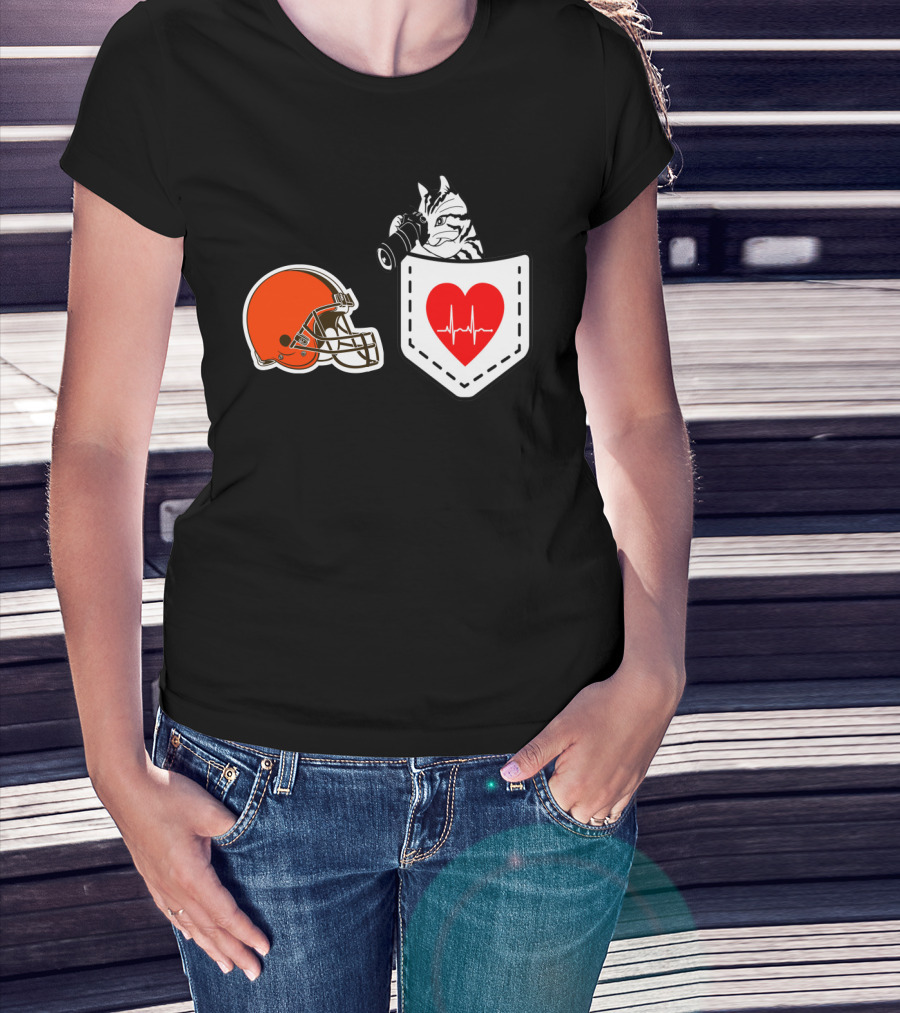 Cleveland Browns Helmet Zebra Heartbeat Pocket T-Shirt