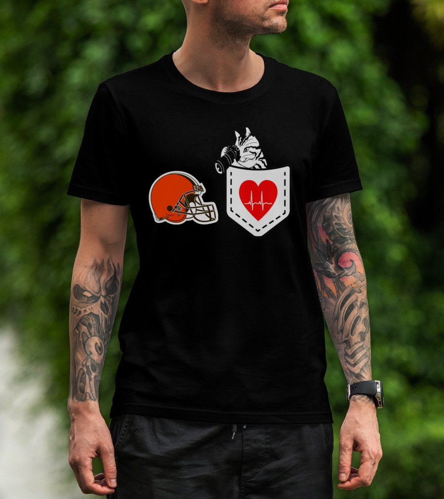 Cleveland Browns Helmet Zebra Heartbeat Pocket T-Shirt