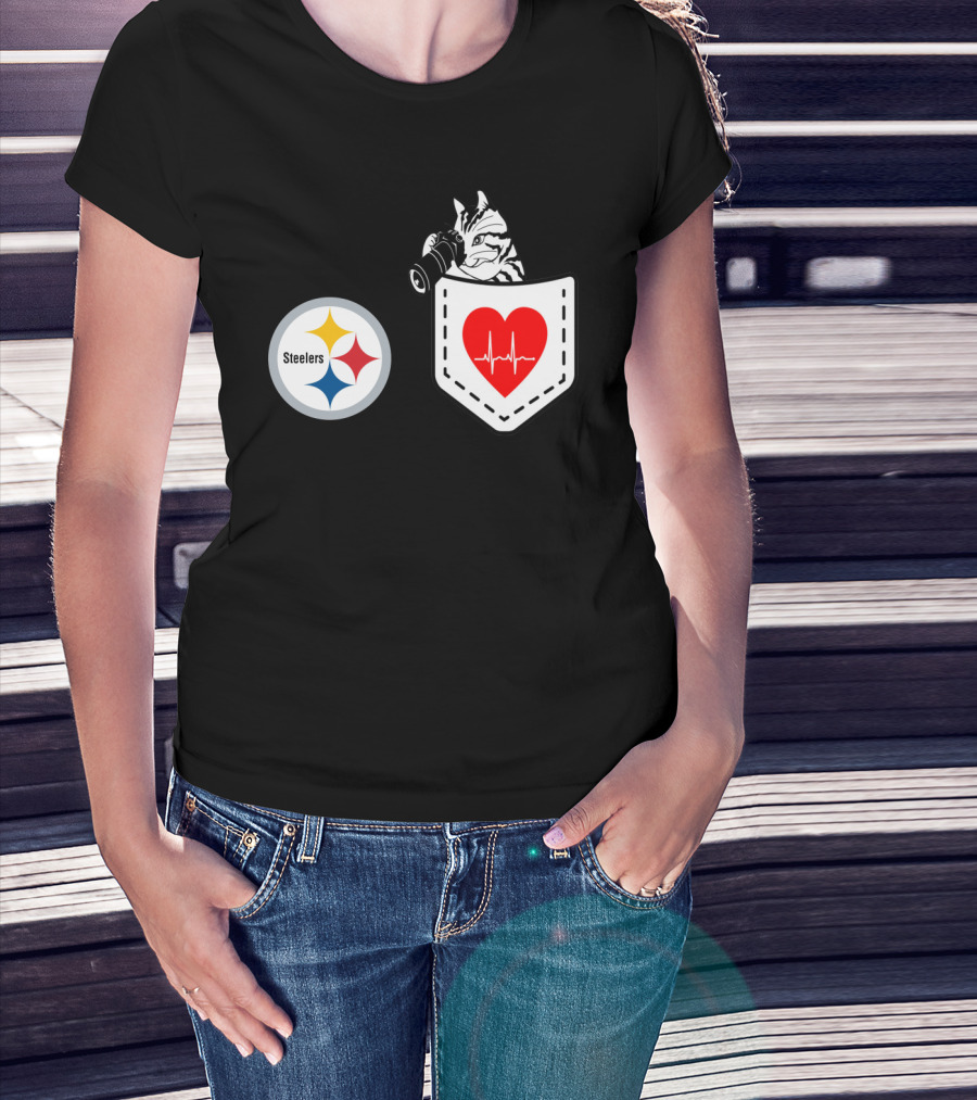 Pittsburgh Steelers Logo With Heartbeat Pocket Cat T-Shirt