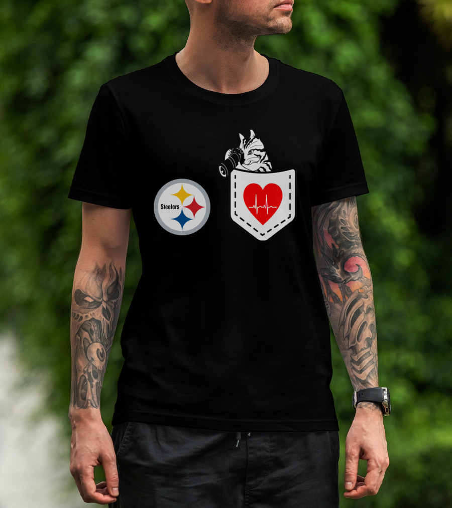 Pittsburgh Steelers Logo With Heartbeat Pocket Cat T-Shirt