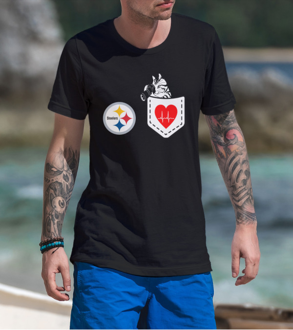 Pittsburgh Steelers Logo With Heartbeat Pocket Cat T-Shirt