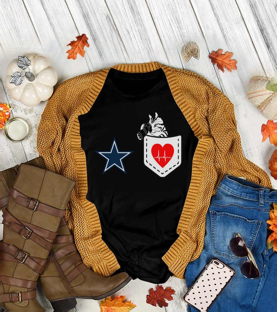 Dallas Cowboys Star Cat In Heartbeat Pocket T-Shirt