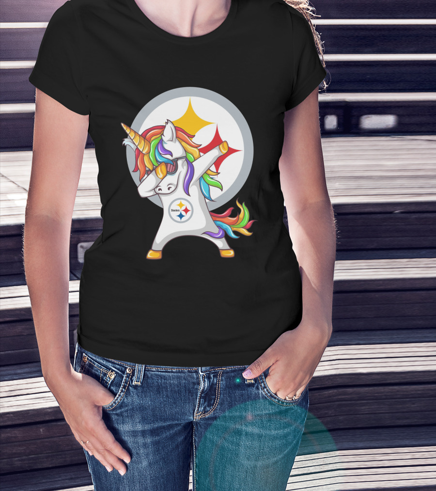 Unicorn Dabbing With Steelers Logo Rainbow Mane T-Shirt