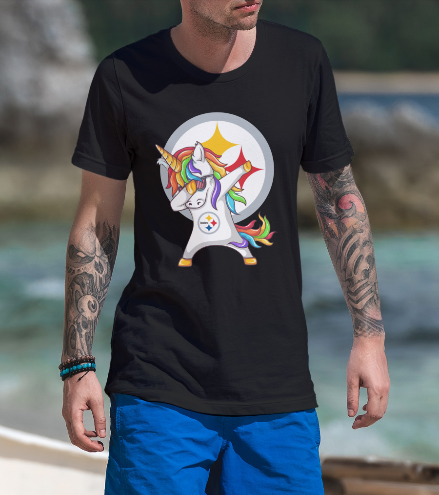 Unicorn Dabbing With Steelers Logo Rainbow Mane T-Shirt