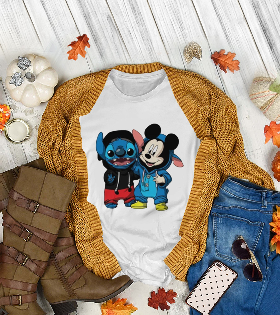 Mickey Mouse And Stitch In Hoodies T-Shirt