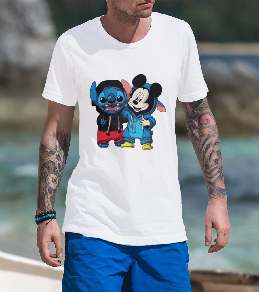Mickey Mouse And Stitch In Hoodies T-Shirt