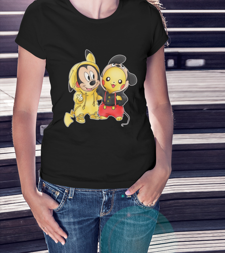 Mickey Pikachu Crossover Characters In Hoodie Costumes T-Shirt