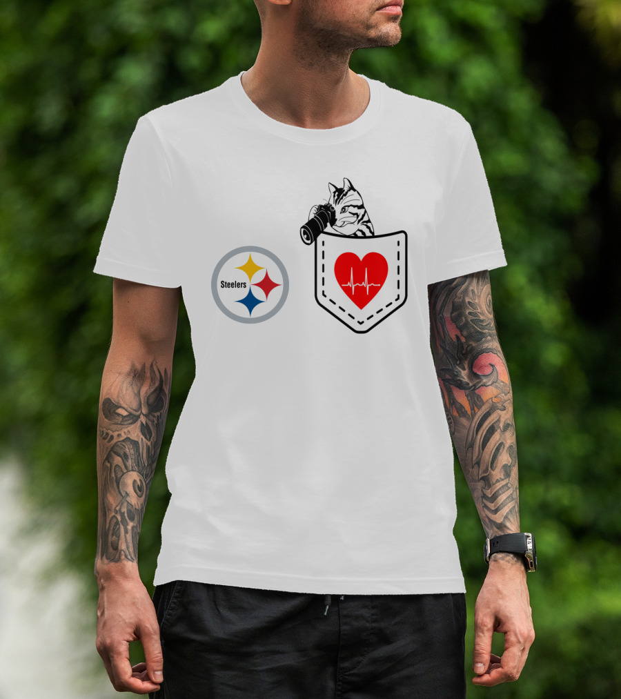 Pittsburgh Steelers Cat With Heartbeat Pocket T-Shirt