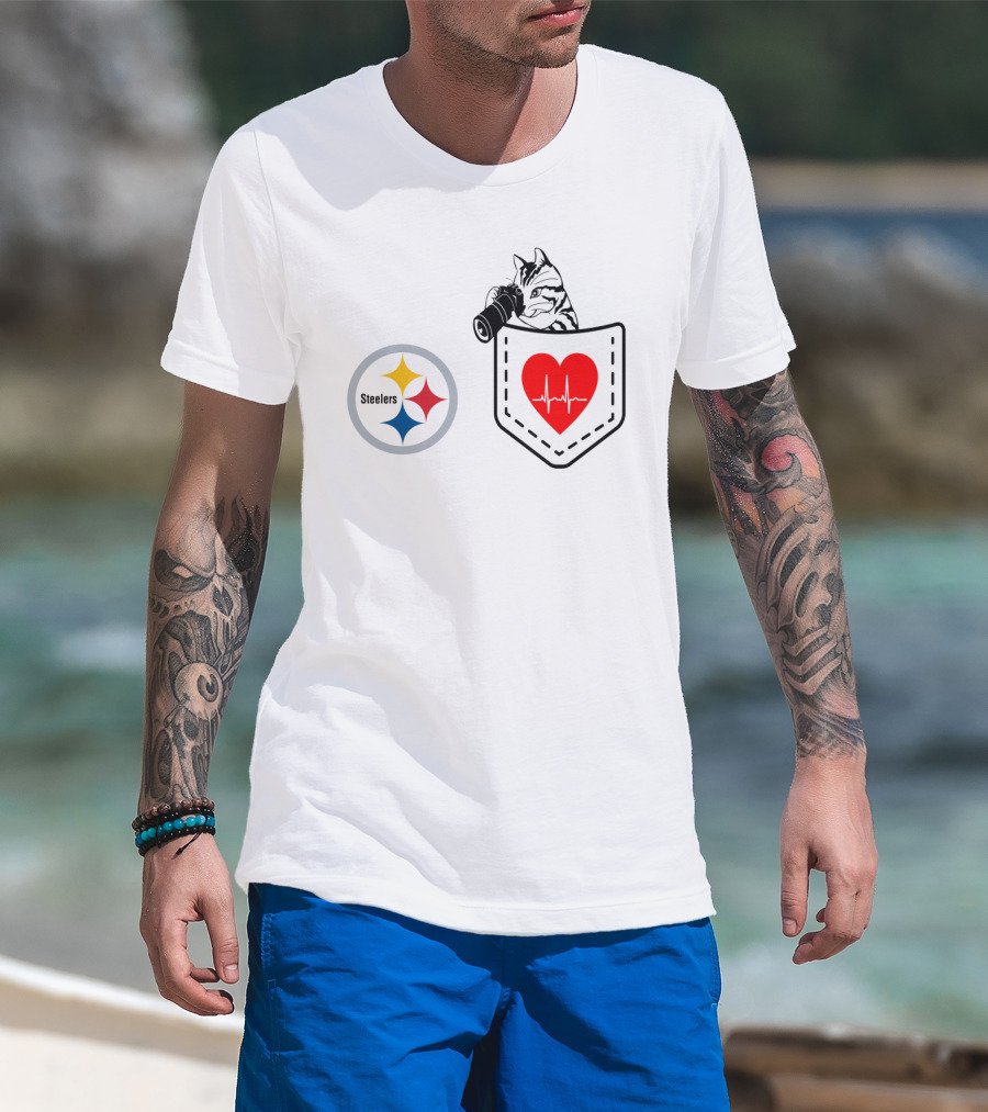 Pittsburgh Steelers Cat With Heartbeat Pocket T-Shirt