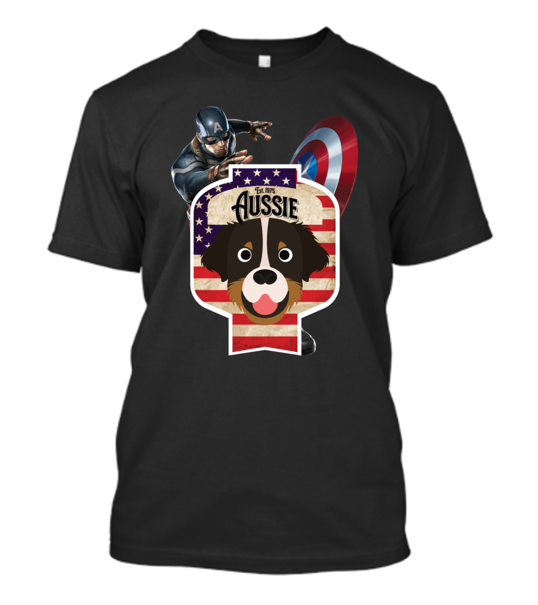 Aussie Australian Shepherd Est. 1975 Captain America Shield Stars And Stripes T-Shirt