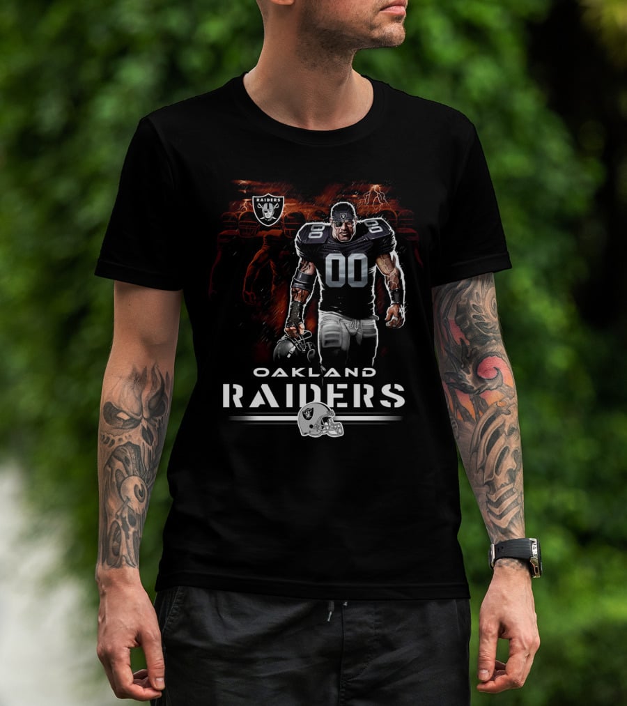 Oakland Raiders Nfl Player Illustration With Skull Logo And Helmet T-Shirt