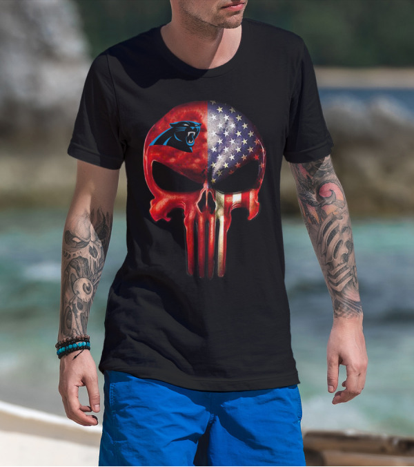 '05 CarolinaPanthers Skull American Flag T-Shirt
