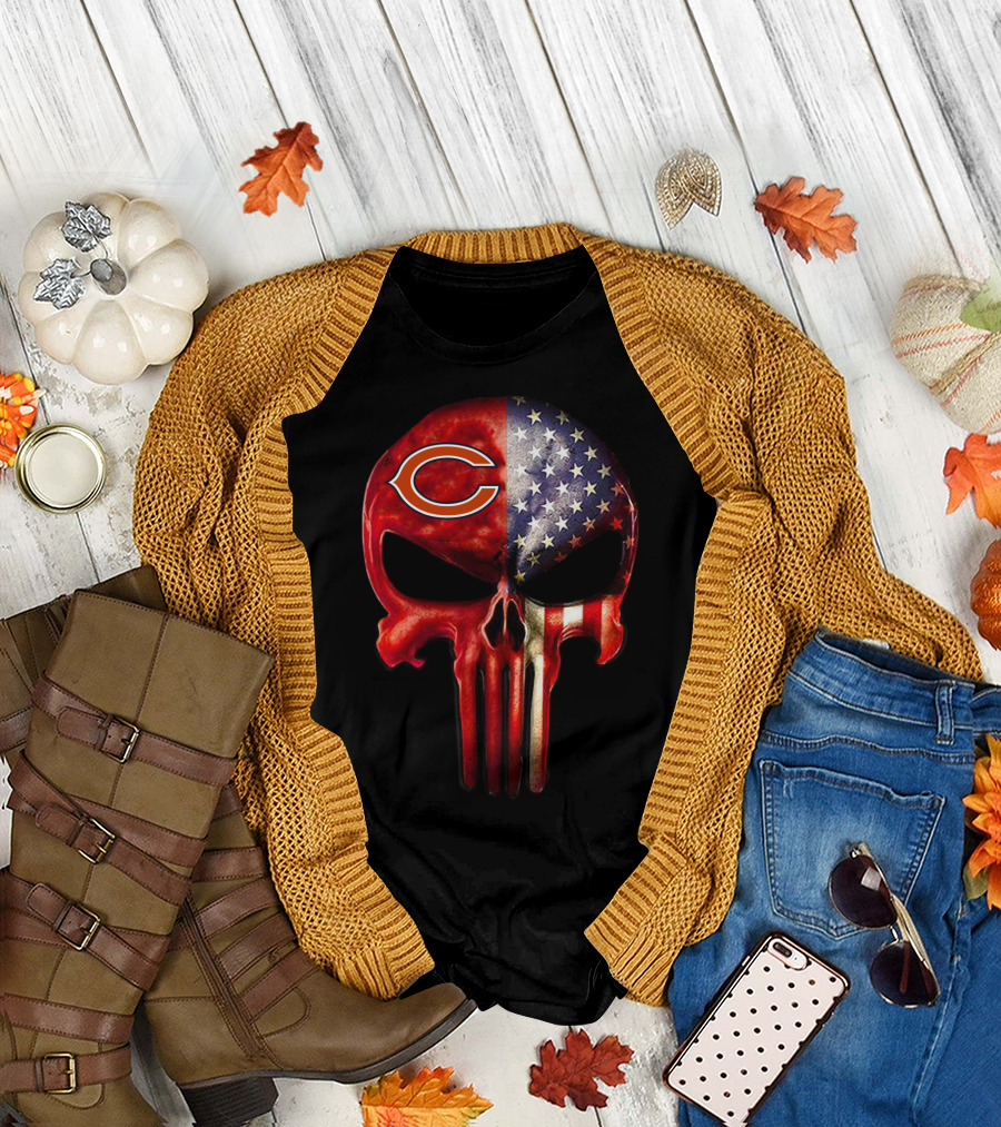 Chicago Bears American Flag Skull Fan T-Shirt