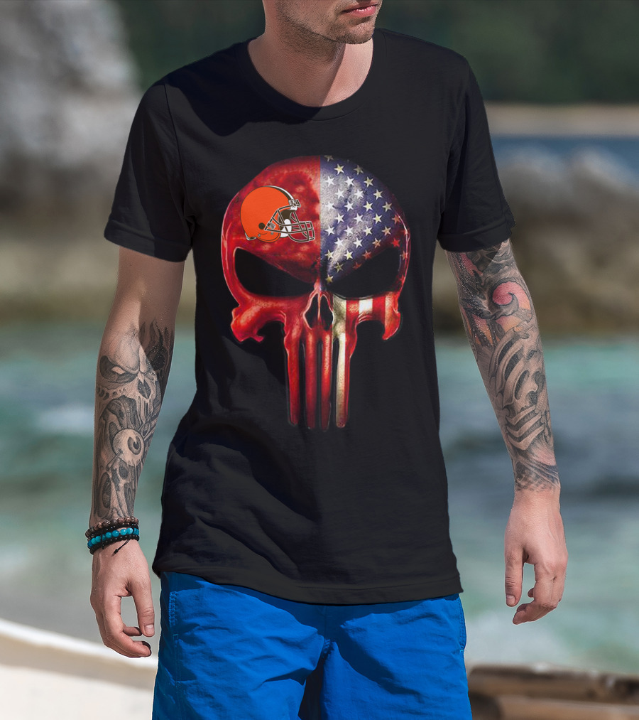 Cleveland Browns American Flag Skull For True Cleveland Fan Only T-Shirt