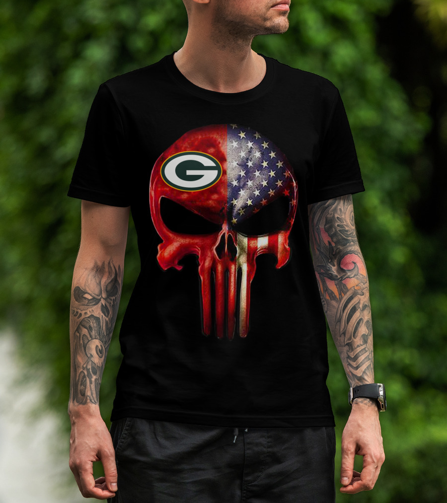 Green Bay Skull American Flag Fusion For True GreenBay Fan Only T-Shirt
