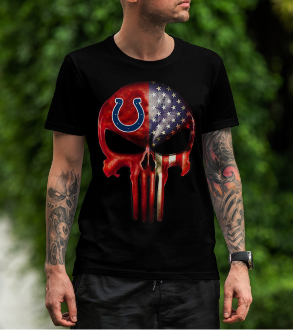 For True Indianapolis Fan Only Colts Punisher Skull American Flag T-Shirt