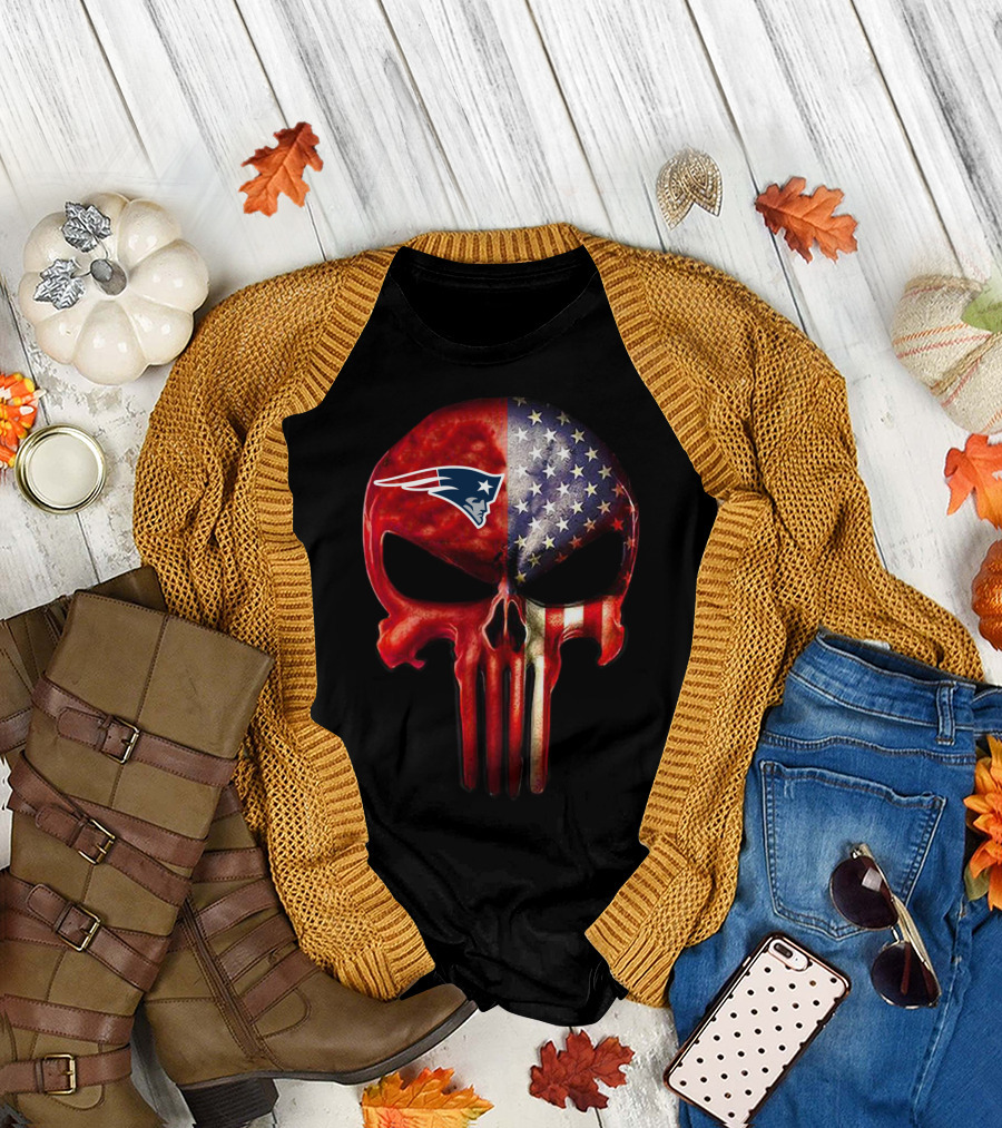NEW ENGLAND Patriots Skull American Flag Fan Only T-Shirt