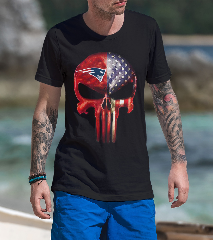 NEW ENGLAND Patriots Skull American Flag Fan Only T-Shirt