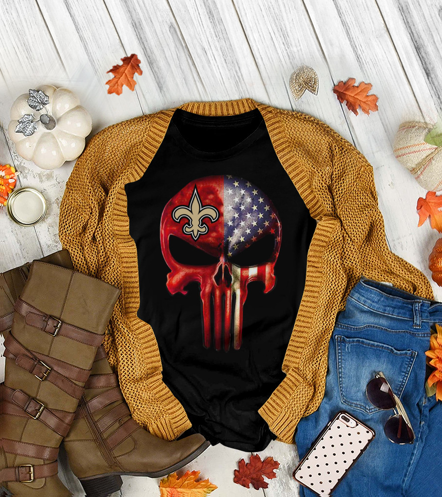 New Orleans Saints American Flag Punisher Skull T-Shirt