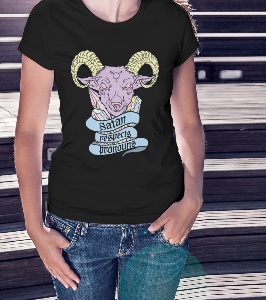 Satan Respects Pronouns Pastel Goat Head With Horns And Gender Symbols T-Shirt