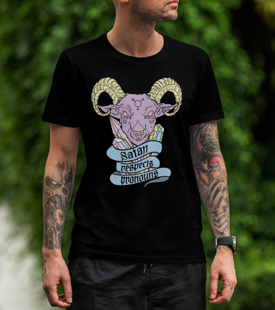 Satan Respects Pronouns Pastel Goat Head With Horns And Gender Symbols T-Shirt