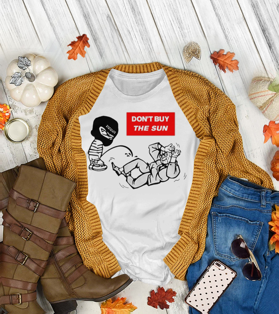 Don't Buy The Sun Graphic with Cartoon Character and Masked Figure Mocking Gesture T-Shirt