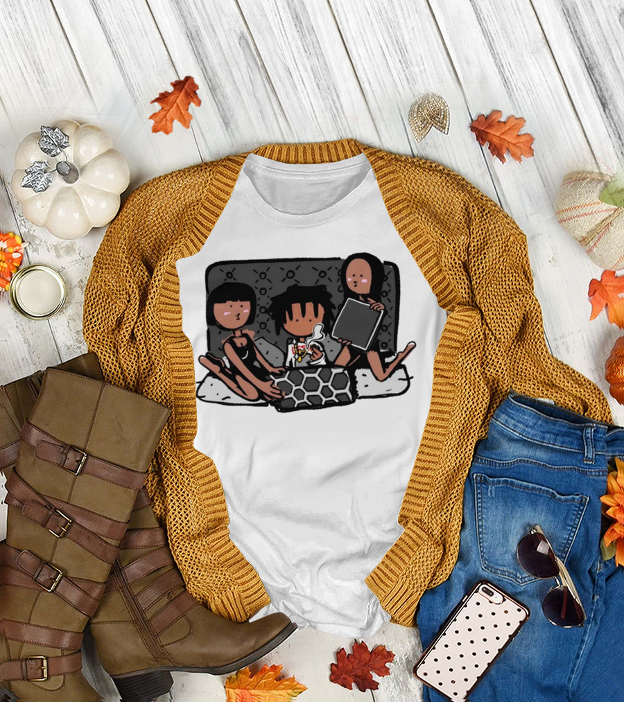 Kodone Playboi Carti Self Titled Cartoon Character with Two Figures in Black Outlines and Geometric T-Shirt