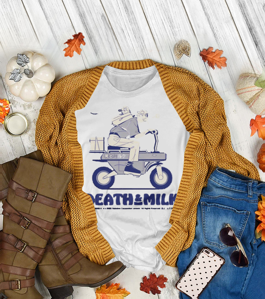 Death and Milk Riding Scooter with Package and Japanese Text T-Shirt