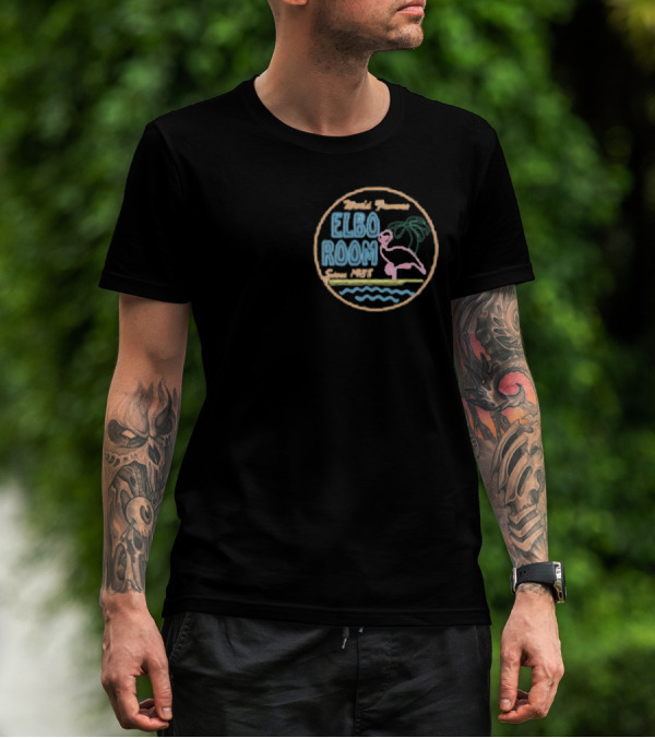 World Famous Elbo Room Since 1938 Neon Flamingo And Palm Tree T-Shirt