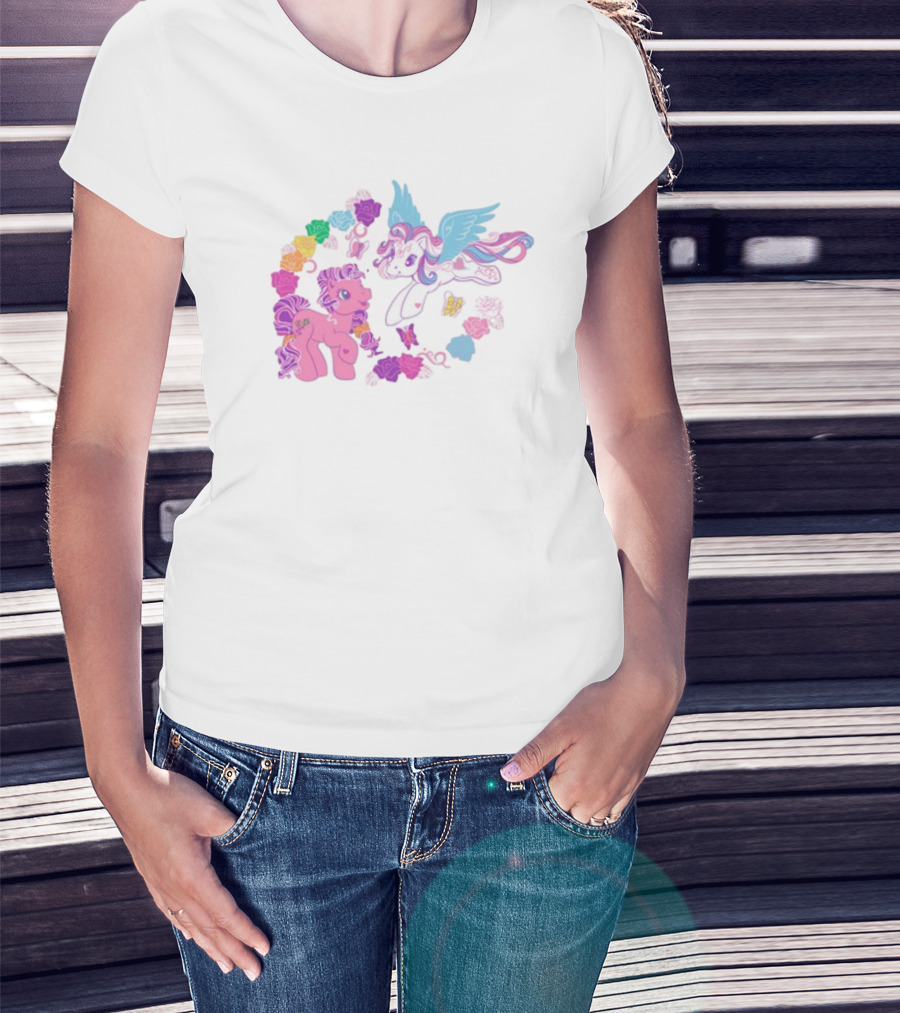 My Little Pony Rainbow Pegasus And Unicorn With Colorful Hearts And Stars T-Shirt