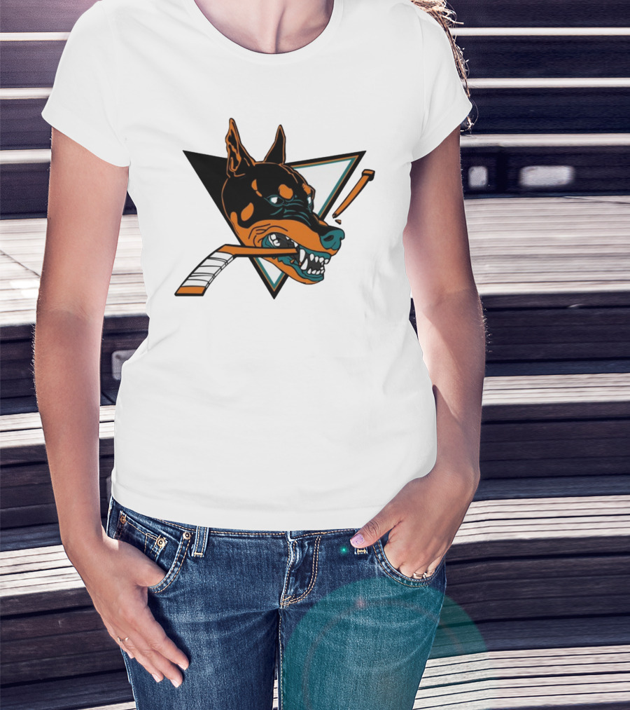 Kayzo San Jose Dogs Hockey Iconic Doberman Logo With Hockey Sticks T-Shirt