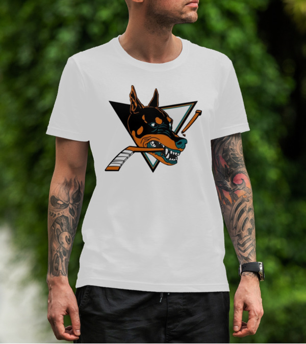 Kayzo San Jose Dogs Hockey Iconic Doberman Logo With Hockey Sticks T-Shirt
