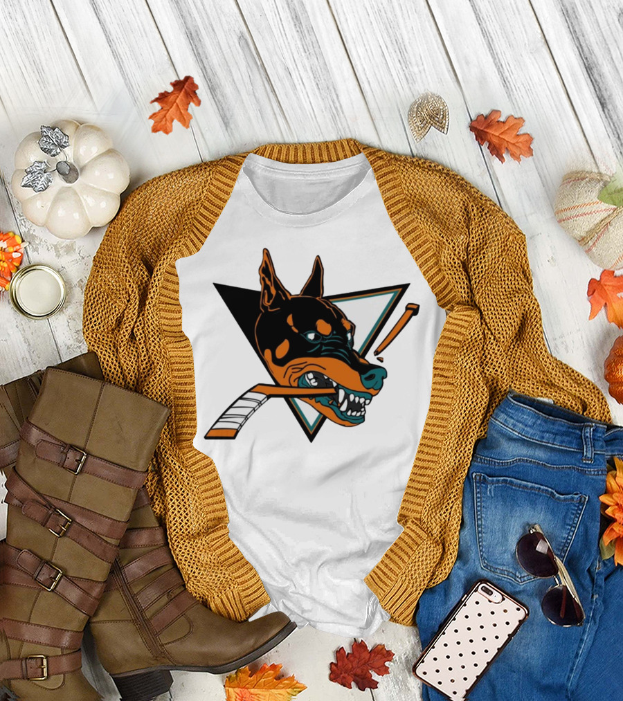 Kayzo San Jose Dogs Hockey Iconic Doberman Logo With Hockey Sticks T-Shirt