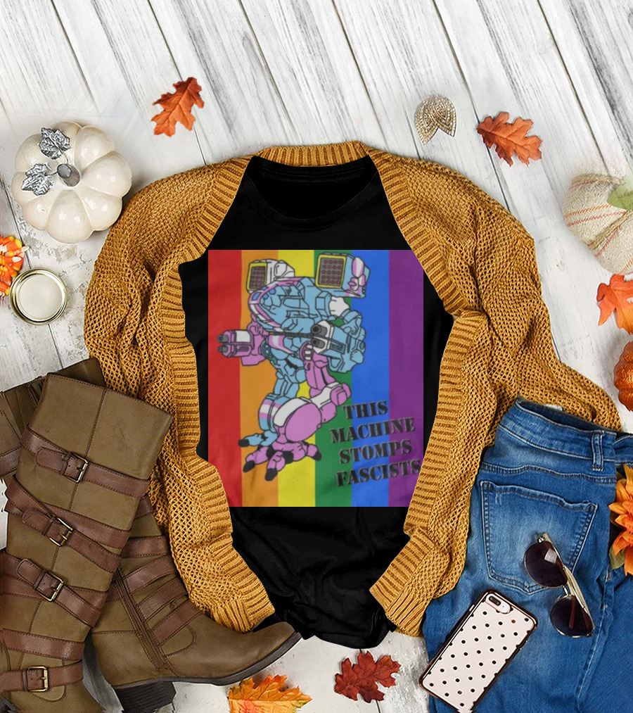 This Machine Stomps Fascists Mech Rainbow Stripes T-Shirt