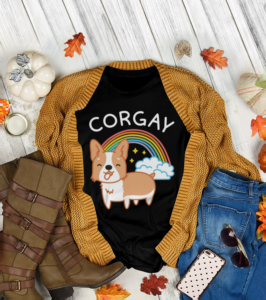 Corgay Rainbow Clouds and Stars with Corgi T-Shirt