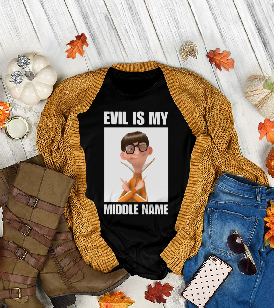 Evil Is My Middle Name Animated Character with Orange Outfit and Glasses T-Shirt