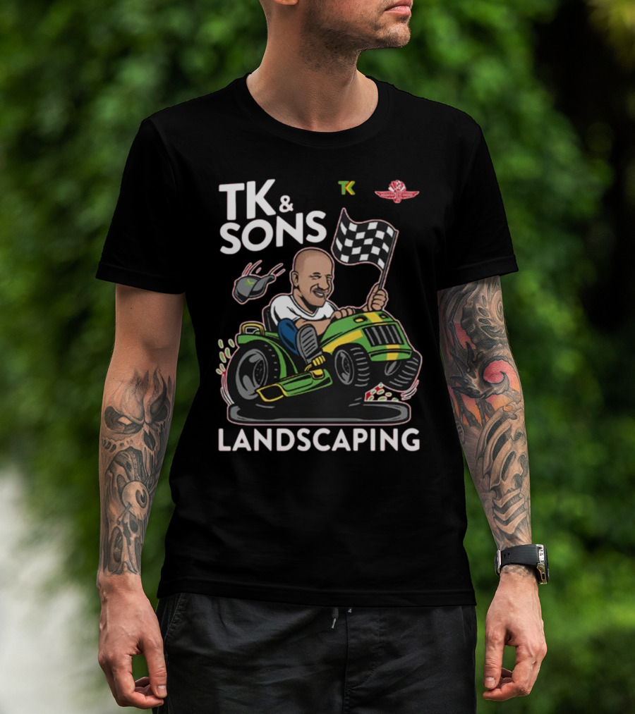 TK And Sons Landscaping Racing Lawn Mower Checkered Flag Victory T-Shirt