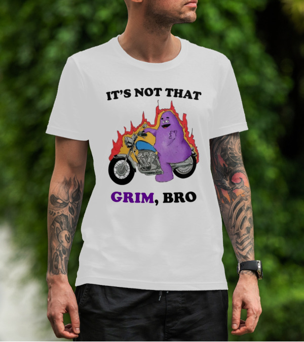 It's Not That Grim Bro Purple Character Riding Motorcycle With Flames T-Shirt