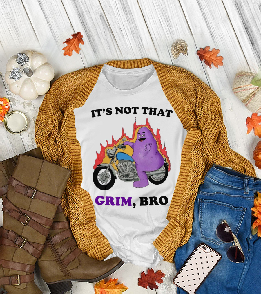 It's Not That Grim Bro Purple Character Riding Motorcycle with Flames T-Shirt