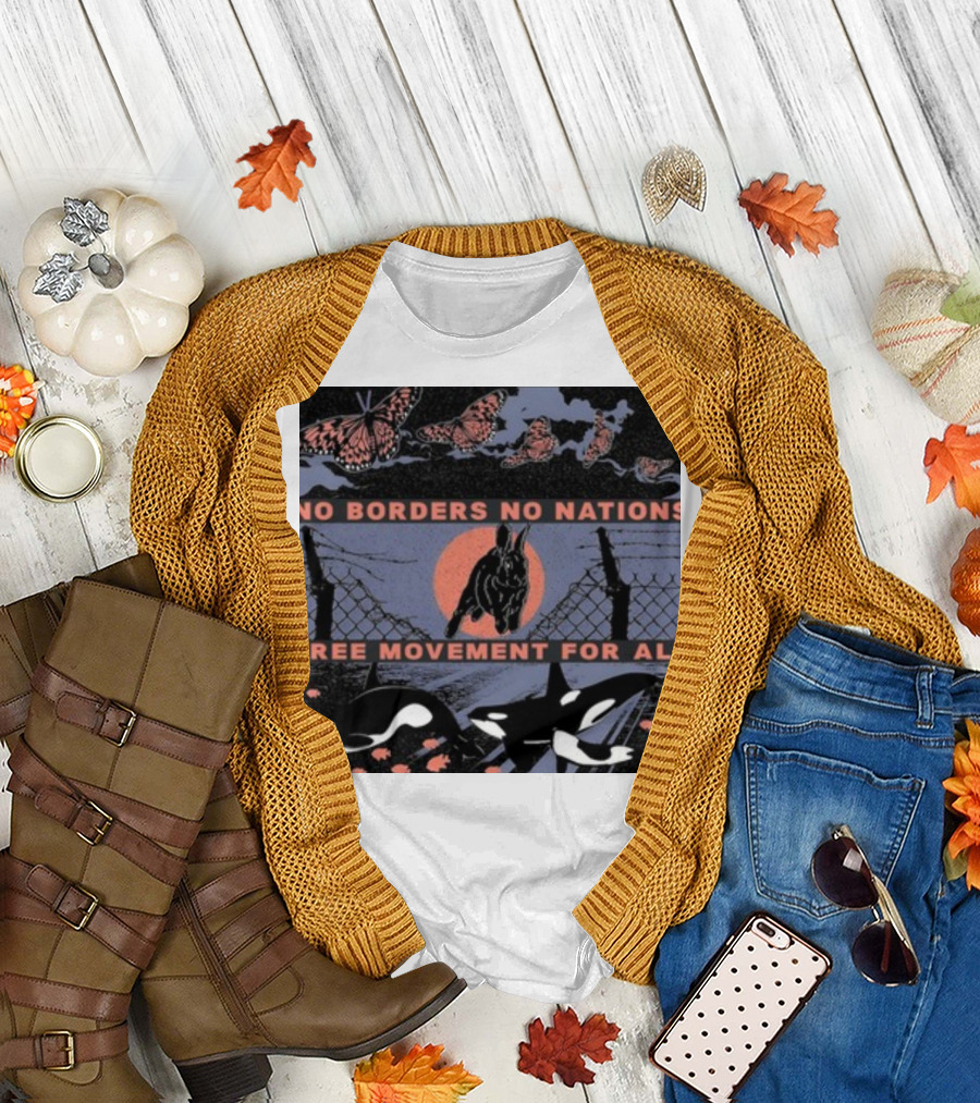 No Borders No Nations Free Movement For All Butterflies Rabbit Orcas Fence Orange Background T-Shirt