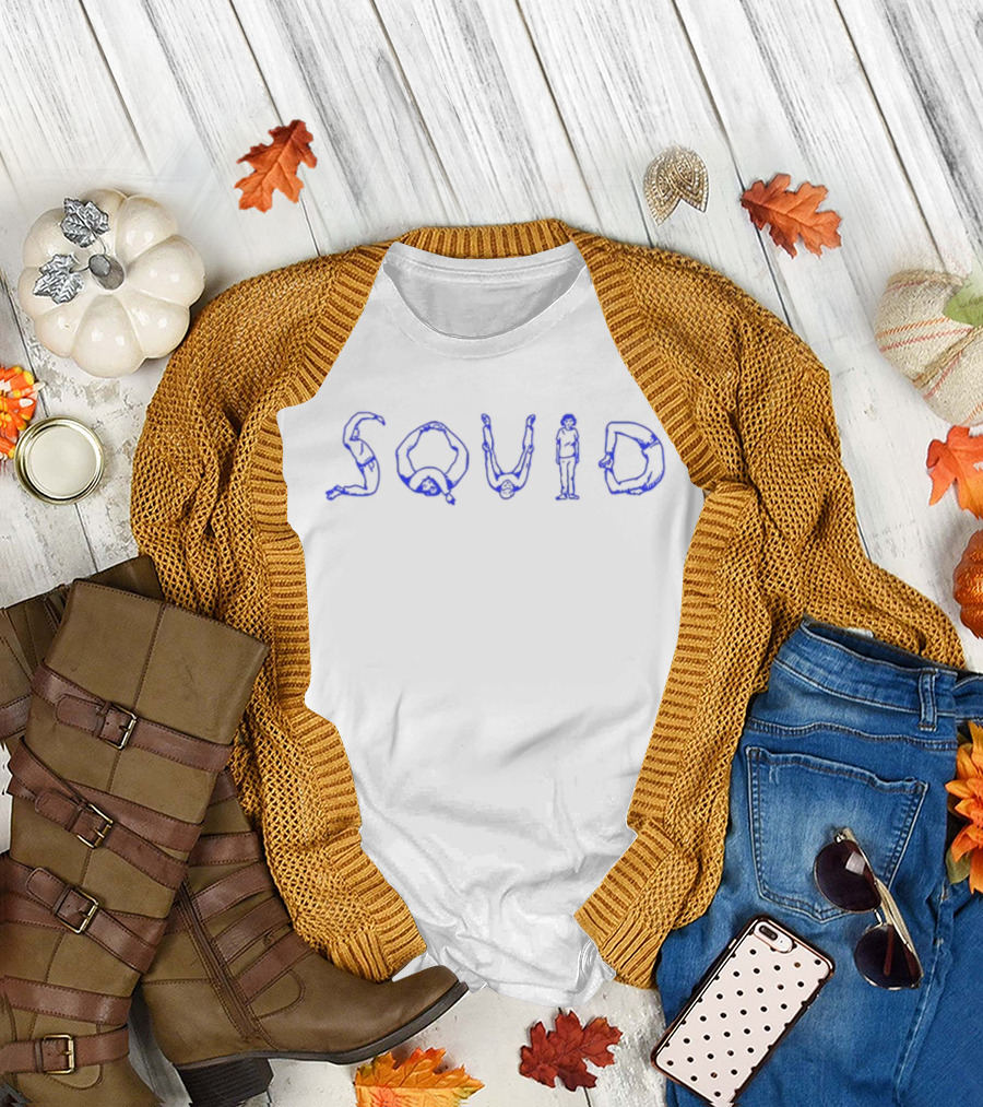 Squid Text Formed by Artistic Figures Blue Outline T-Shirt