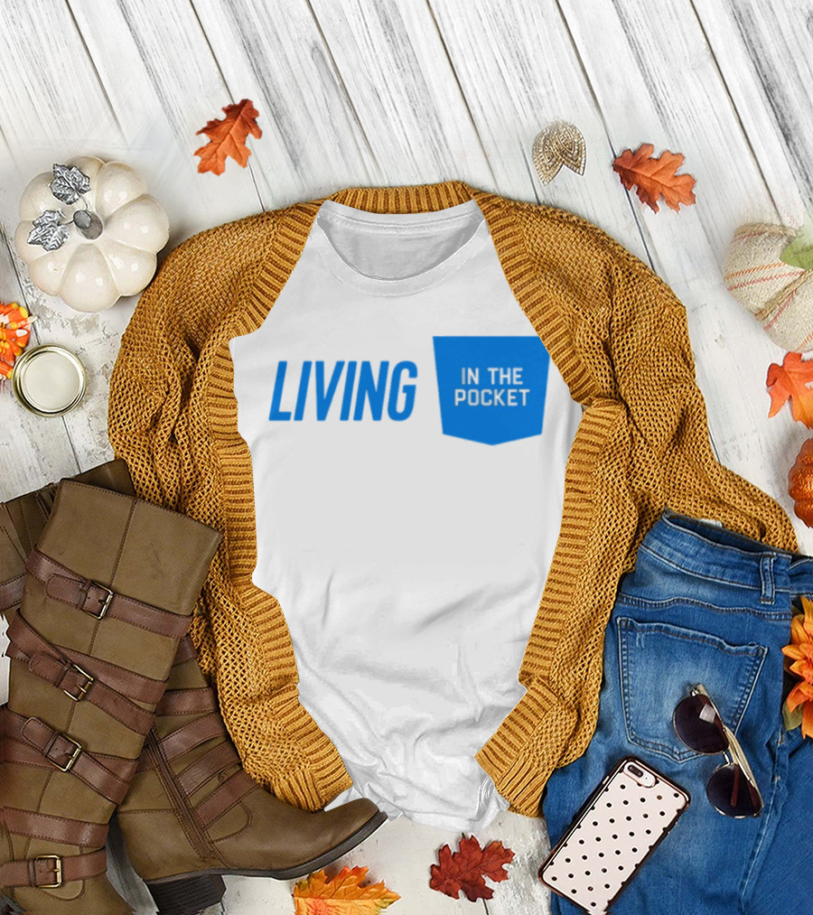 Living In The Pocket Blue Text and Iconic Pocket Symbol T-Shirt