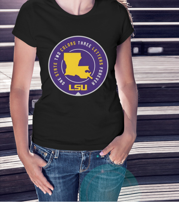 One State Two Colors Three Letters Forever LSU Louisiana Map Purple Gold Circle T-Shirt