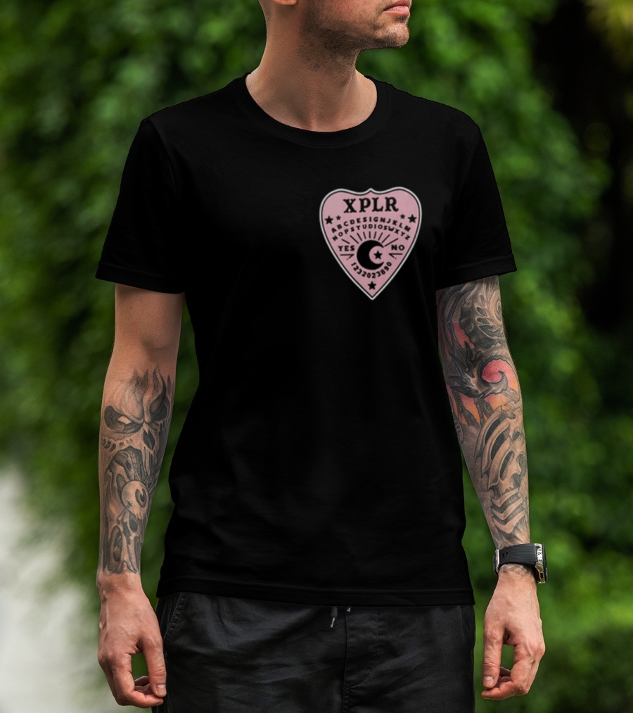 XPLR Planchette ABCDEFGHIJKLMNOPQRSTUVWXYZ YES NO 1234567890 Sam And Colby Ouija T-Shirt