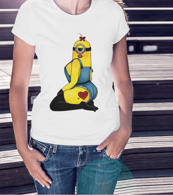 Minion In Blue Overalls With Gru Heart Tattoo And Red Bow T-Shirt